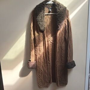 Maurice Sasson Brown  Cable Knit Long Sweater Coat with Faux Fur Trim Vintage